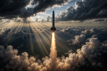 Missile Captured Mid-Flight with Exhaust Trail Against Sky