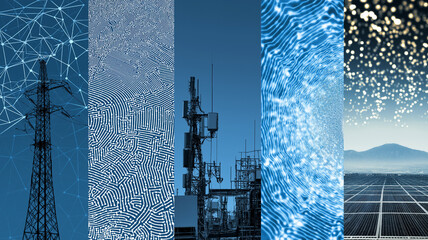 Image showcases collage of technology and energy themes, including power line, digital patterns, communication towers, abstract data visuals, and solar panels, symbolizing connectivity