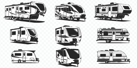 vector set of nine rv and travel trailer illustrations for camping and road trip designs © AIcon Star