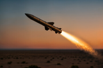 Missile Captured Mid-Flight with Exhaust Trail Against Sky