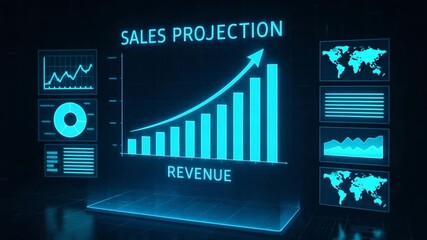 A futuristic digital chart displaying sales projections and revenue growth. The glowing blue graphics illustrate data analysis and business trends effectively in a modern setting. - Powered by Adobe