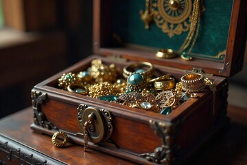 Overflowing Antique Jewelry Box Gold Necklaces, Sparkling Gemstones, and Ornate Rings ? Perfect for Fairytale, Fantasy, or Vintage Designs