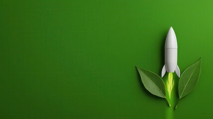 Eco-Friendly Rocket Launching from Fresh Green Leaves on Vibrant Background
