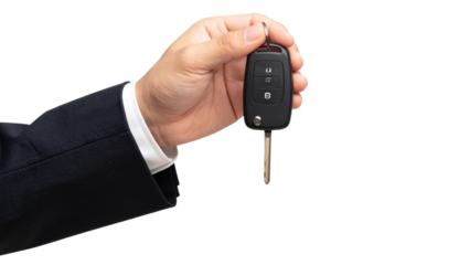 Male hand in a suit holding car keys on white transparent background