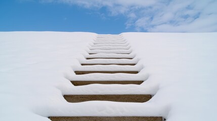Snow-Covered Steps Leading to Blue Sky with Clouds Above in Winter Landscape