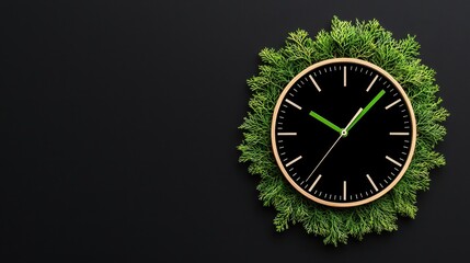 Greenery Framed Clock with Black Background and Modern Design Elements
