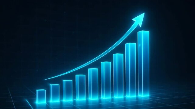 This digital illustration showcases a glowing blue bar graph with an ascending arrow, representing growth, progress, and success in the business world, ideal for presentations and 