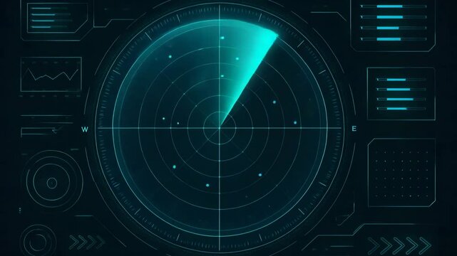 Futuristic radar interface with sleek design displaying data points and analytics. Ideal for projects focusing on navigation, tracking systems, and advanced technology solutions.