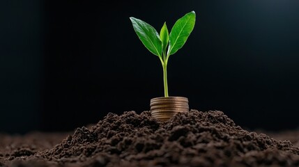 Growing Plant Emerging from Soil on Stacked Coins Symbolizing Financial Growth