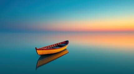 Serene Wooden Boat Floating on Tranquil Calm Waters at Sunset with Vibrant Sky