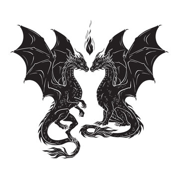 Dragons folklore magic animals isolated hand drawn line art gothic tattoo design isolated vector illustration