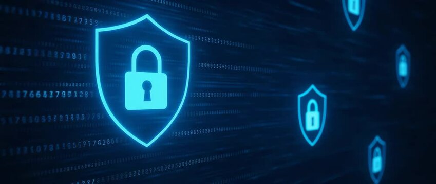 A digital representation of cybersecurity concepts featuring glowing padlocks and shield icons against a dark background, symbolizing protection and data security in the online wor - Powered by Adobe