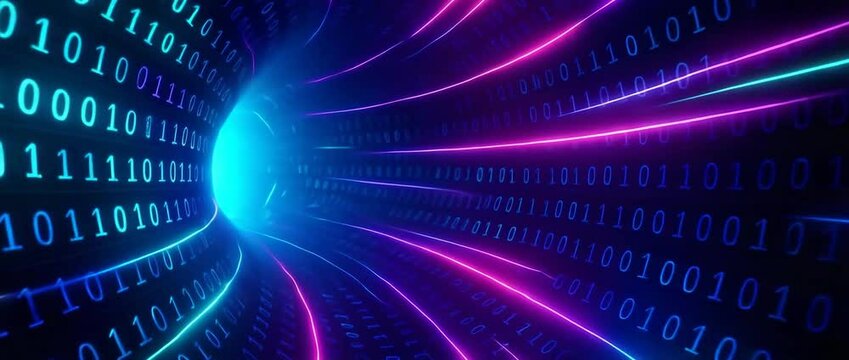 An abstract digital background featuring vibrant neon colors and binary code, representing the concept of data flow, digital transformation, and modern technology trends.