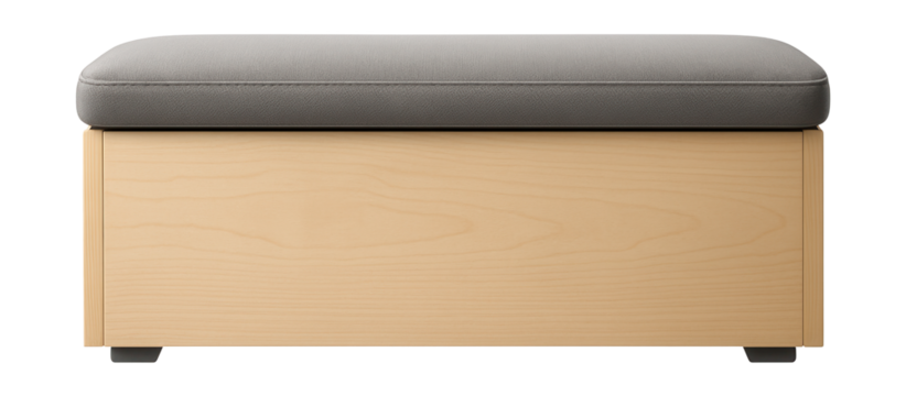 Under-bed storage chest with a padded lid that doubles as a bench for additional seating in a studio apartment.