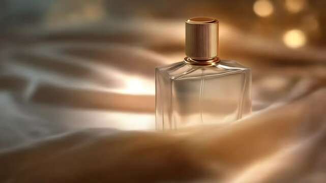 A clear glass perfume bottle with a gold cap sits on a draped, light beige satin fabric.
