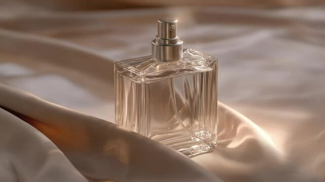 A clear glass perfume bottle with a silver top sits on a draped, light brown satin fabric.