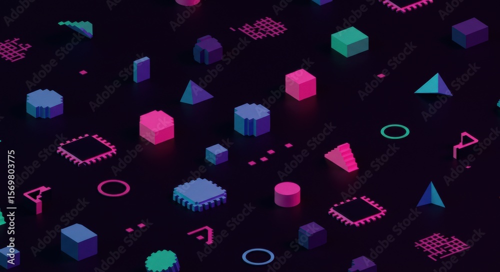 Fototapete isometric geometric shapes in vibrant colors on a dark background create a modern abstract design
