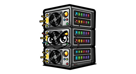 Obraz premium Cartoonish server stack with three units and an angry face in the middle unit with colorful lights