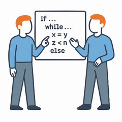 Flat Style Two People Explaining Programming Code Concept Illustration