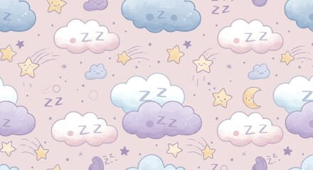 Pastel dreamy clouds and stars seamless pattern