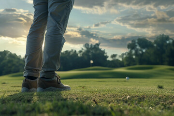 Focused male golfer wearing a cap with an intense expression on a bright summer day, professional golf player generative ai