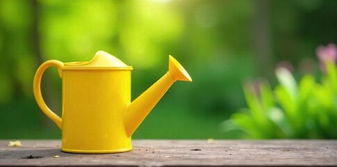Bright Yellow Watering Can on Rustic Wood Spring Gardening Image Perfect for Blogs, Websites, and Publications