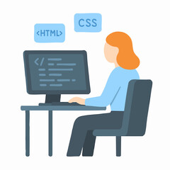 Flat Style Woman Working On Computer with HTML CSS Coding Illustration