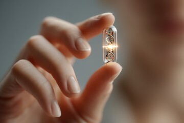 A person's delicate touch holds a glowing capsule. A futuristic healthcare scene showcasing the wonders of medical innovation.