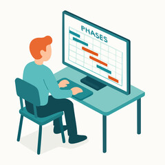 Isometric Man Working at Desk with Project Timeline on Computer Screen Illustration