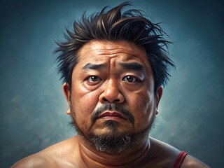 Obraz premium Unkempt Asian Man, Belly Hair, Portrait Photography, Stock Photo
