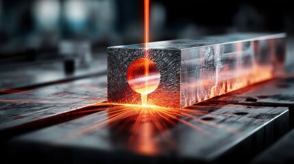 An industrial marvel unfolds as a laser precisely cuts through a metallic block, igniting sparks and illuminating the essence of modern manufacturing. 