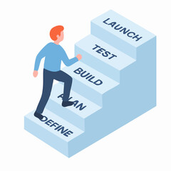 Isometric Man Climbing Steps with Planning and Launch Text Illustration