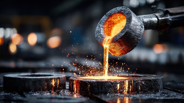 Molten metal pours from a crucible into a mold, a vibrant display of industrial processes. The scene emphasizes the raw power and precision in the heart of a metalworks. - Powered by Adobe