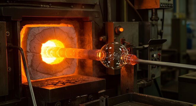 Glassblower crafts glowing bulb with rod from furnace in industrial workshop setting with tools