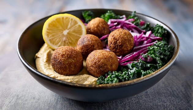 vegetarian delight fried falafel balls and hummus arranged in a bowl with kale red cabbage lemon showcasing vibrant flavors and healthy food options - Powered by Adobe