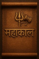 Vintage Hindu Artwork of Mahakal in Golden Text with Scroll Background
