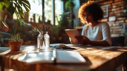 Creative workspace in a sunlit room with a person engaged in digital reading and writing activities