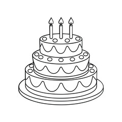 A giant three tier birthday cake coloring book page vector illustration