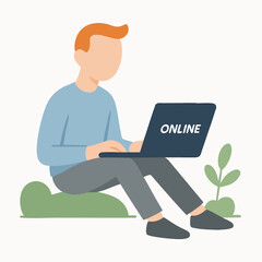 Flat Style Illustration Man Working on Laptop Sitting Outdoor Concept