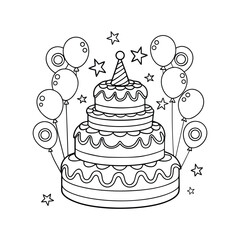 An extra tall birthday cake with balloons coloring page vector illustration