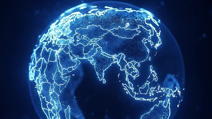 Holographic world map with countries outlined in glowing light on a rotating 3D globe - Powered by Adobe