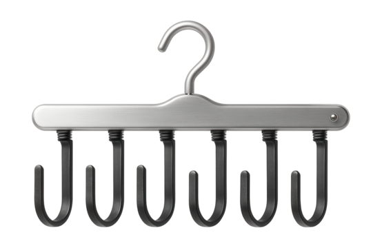 Metal hanger organizer with adjustable hooks, perfect for holding belts and ties in an apartment closet.