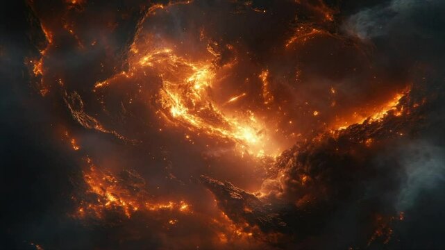 Fiery nebula swirls with intense orange and yellow flames, interspersed with dark, smoky clouds, creating a dynamic, cosmic landscape