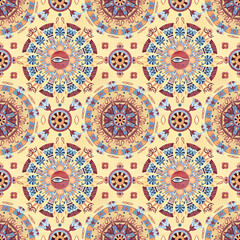 Egyptian ethnic seamless pattern, Ancient arabesque style. Geometric symmetrical ornate, abstract lotus, palm, flowers shapes. Watercolor illustration isolated on yellow background. Ornament textile