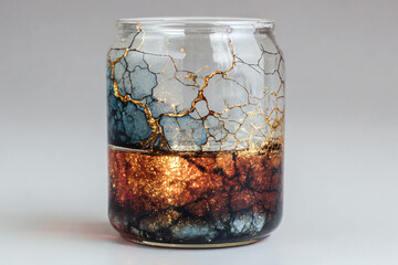 01.015.090.163.A kintsugi-style jar with gold-filled cracks on a blue and brown base.