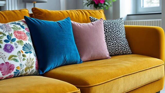 Mustard-yellow sectional sofa with colorful throw pillows