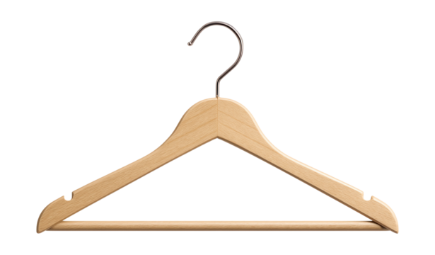 Slim wooden hanger with grooved notches, perfect for securing dresses in a cottage wardrobe.