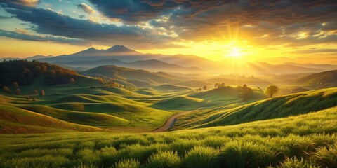 Vibrant Golden Hour Landscape: Lush Green Fields and Sunlit Hills