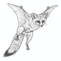 Madagascan Flying Fox – Pteropus rufus. Hand-sketched fennec fox portrays big ears and fluffy tail on white paper. Desert wildlife concept
