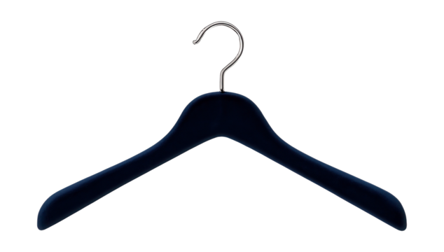 Velvet hanger with contoured shoulders to prevent slipping of blouses and shirts in a home wardrobe.